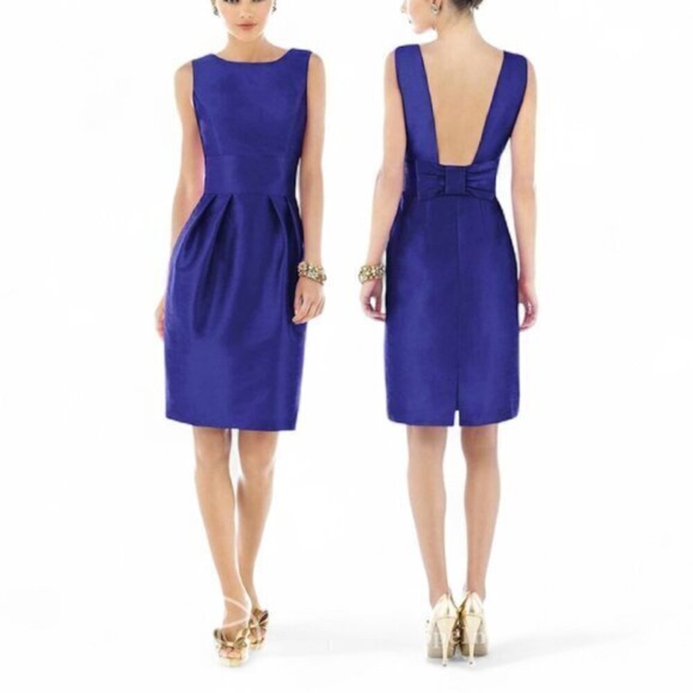Alfred Sung Blue Cocktail Bridesmaid Dress Low Back Bow High Neck Cocktail